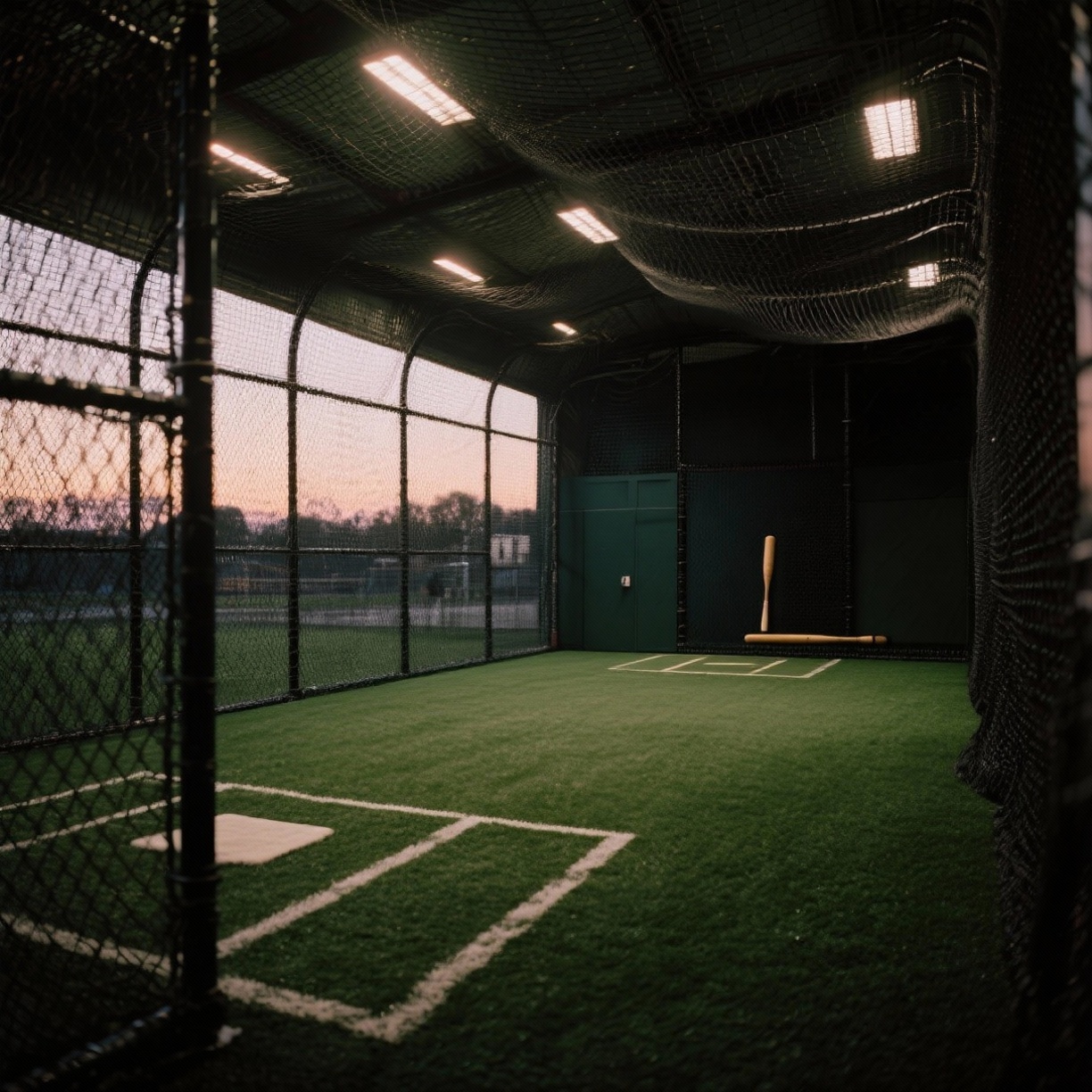Empty indoor batting cage, artificial turf, dusk lighting, low angle, moody atmosphere.