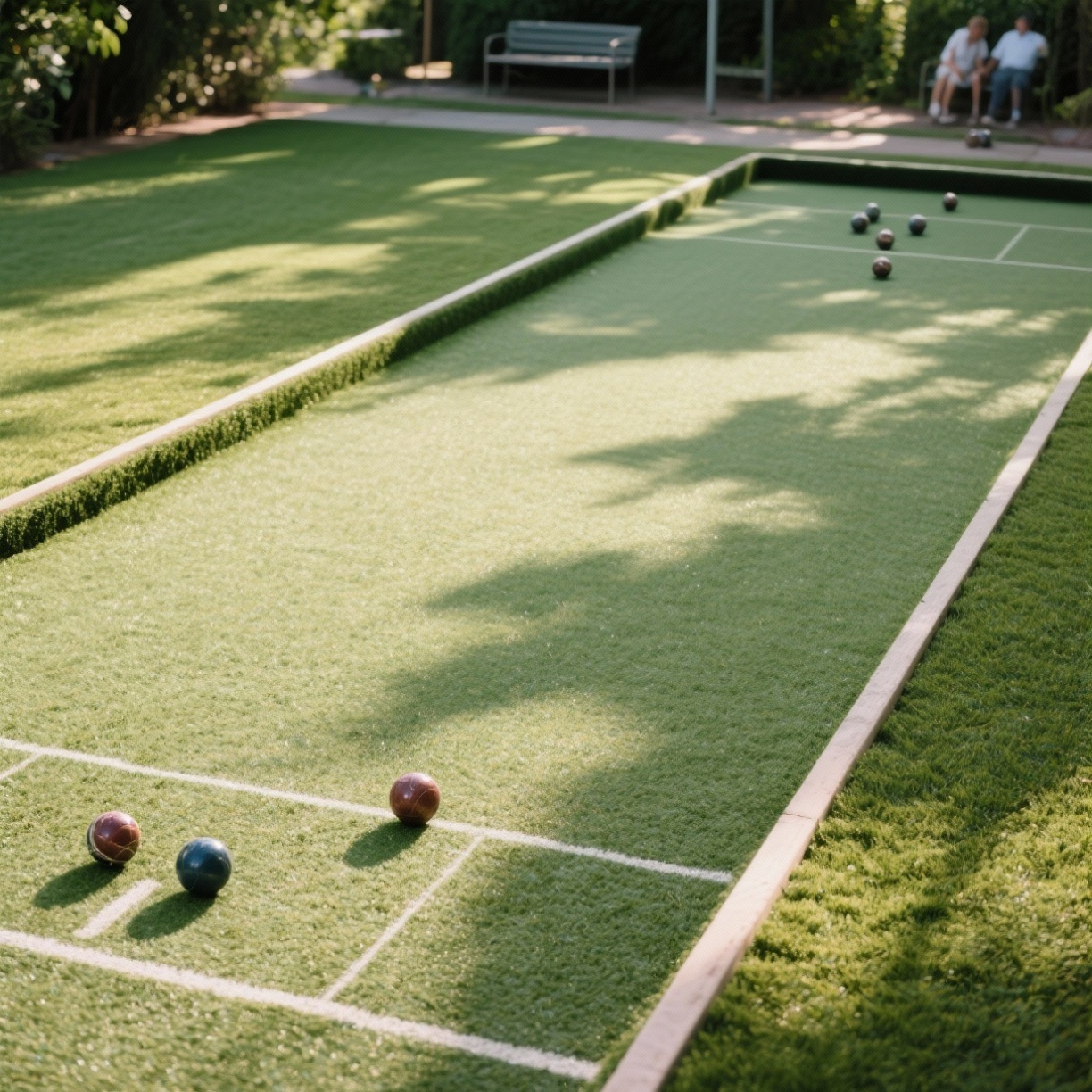 Overhead shot of bocce ball court, artificial turf, soft shadows, leisurely summer ambiance.