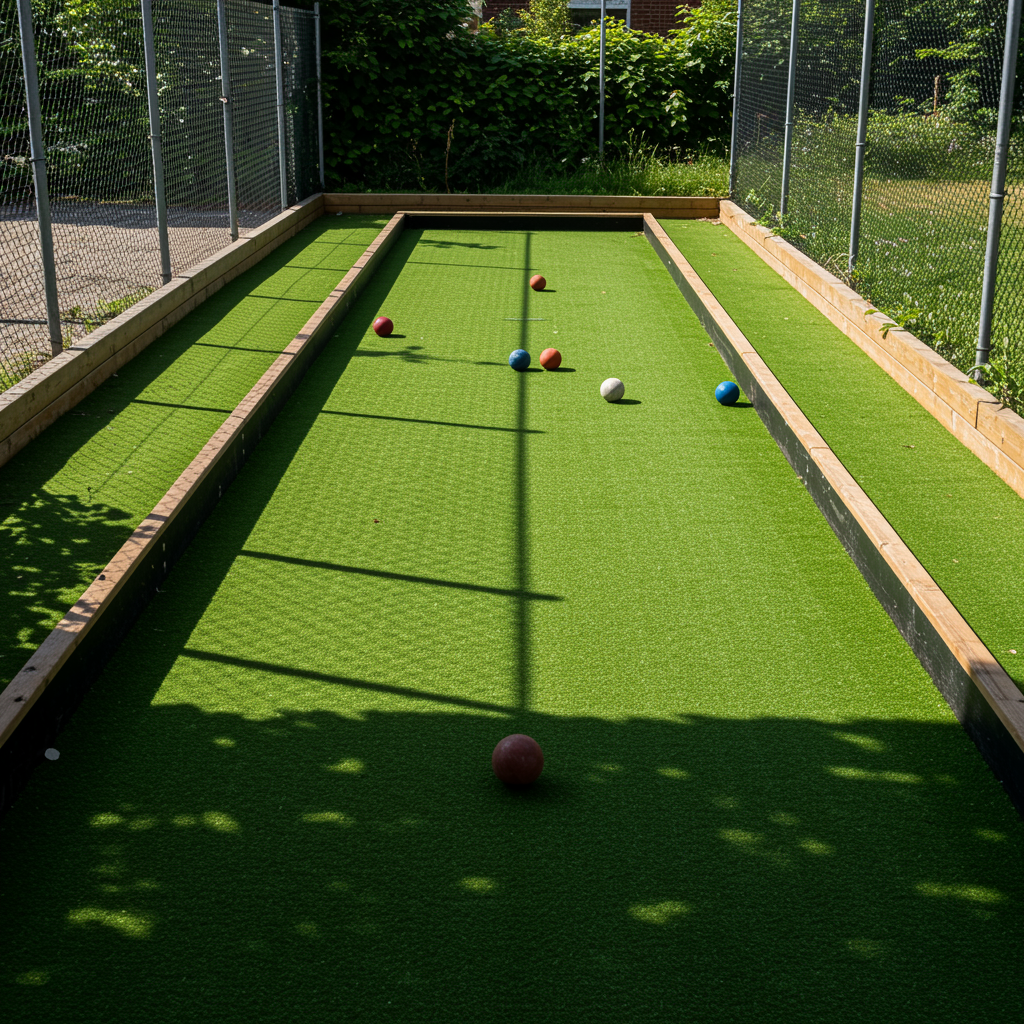 Overhead shot of bocce ball court, artificial turf, soft shadows, leisurely summer ambiance.