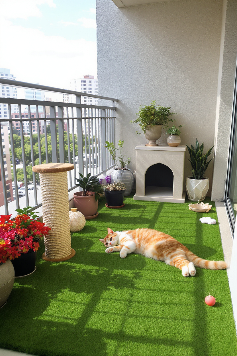 Cat lounging on artificial turf on a balcony with potted plants, scratching post, and city view.
